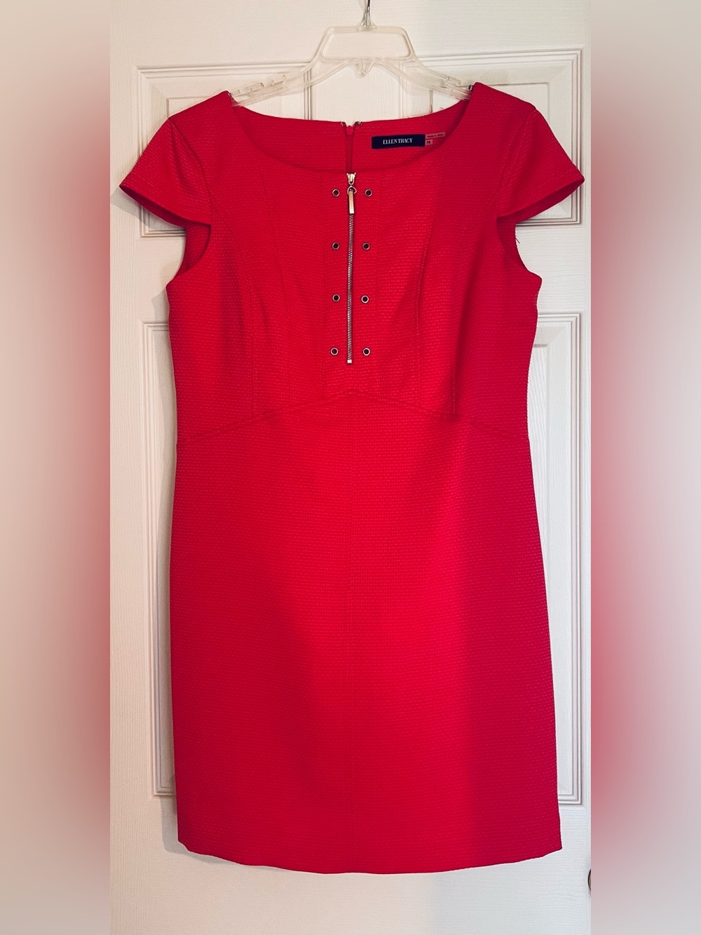 Ellen Tracy Coral Midi Dress with Front Zip and Eyelet Detail
